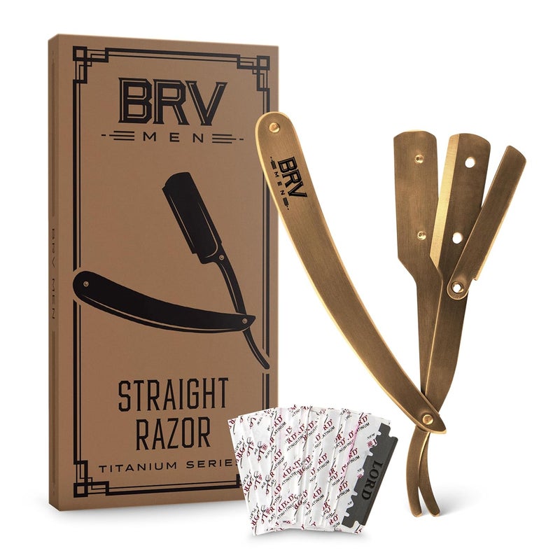 BRV MEN Straight Razor | Titanium Series | 100 Single Edge Blades | Straight Edge Razor | Shavette | Barber Razor | Mens Shaving Knife | Straight Razor Kit | For Men (Titanium Bronze) - Image 1